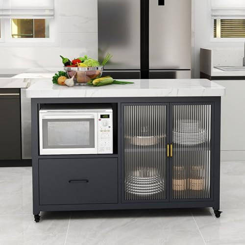 Open Sideboard Mobile Island Table with Storage Kitchen Island Microwave Stand on Wheels Freestanding Cooking Table with Storage Mobile Kitchen Storage Islands for Black Large Kitchens