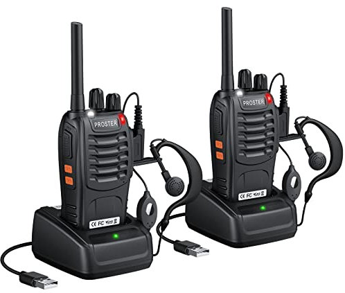 Proster Walkie Talkies for Adults Long Range - Rechargeable Walkie Talkies 2PCS with 16 Channels, VOX Function, LED Flashlight, Earpieces 2 Way Radio for Hiking Camping & Outdoor Activities
