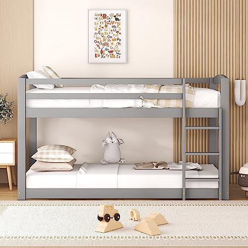 Kayan Etagenbett 90x200 cm, Hochbett mit Leiter und Lattenrost, Rausfallschutz Etagenbett für Kinder und Jugendliche, Kinderbett Holzbett Bettgestell, ohne Matratze (Grau, 90x200 cm)