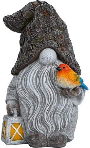 Mood Lab Gartenzwerg – Stein-Zwerg Figur – 23 cm hohe Rasenstatue mit Laterne und Vogel – für Außen- oder Hausdekoration