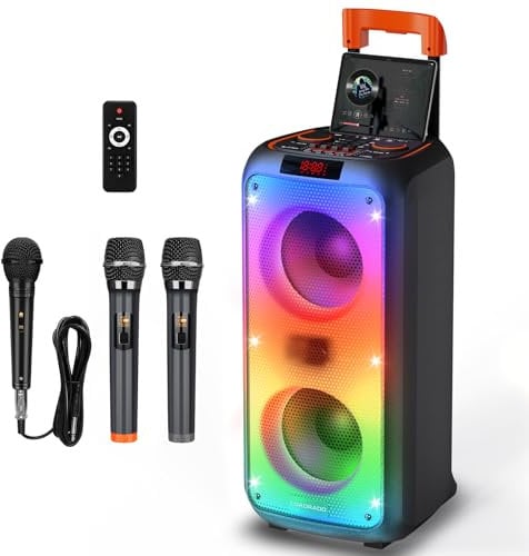 Karaoke Maschine, Hukkmela Karaoke Anlage mit 3 Mikrofonen(2 Drahtlos & 1 Verkabelt), PA Anlage, Karaoke Lautsprecher mit Mikrofon, Kompatibel mit TF/USB/Aux, Bluetooth 5.3 TWS & LED Modus