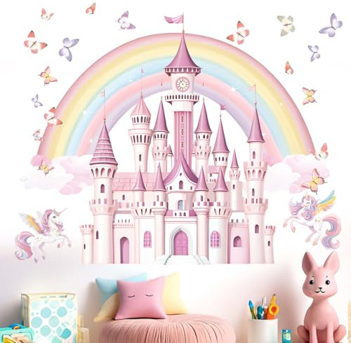 Rainbow Castle Wall Stickers for Girls: Peel and Stick Unicorn Fairy Tale Butterfly Cloud Unicornio Wall Decals - Wall Decor Art Kids Supplies Ages 1-12 Year