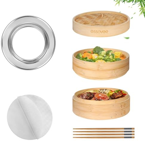 Bamboo Steamer 2 Tier 10-Inch Steaming Basket, Bun Vegetable Steam, Dumpling Steamer Bamboo Steam Basket, Chopsticks, Reusable Silicone Liner, Ring Adapter, for Chinese Asian Cuisine