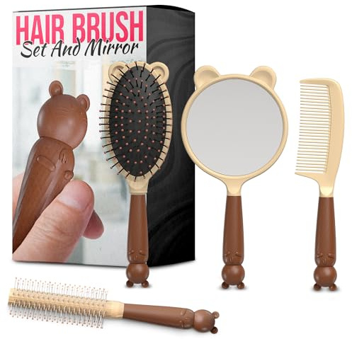 4 Pcs Hair Detangler Brush Set - Cute Combo of 3 Brush for Thick Hair and Mirror, Adorable Cat Design, Convenient Size & Ergonomic Handle | For Daily Use at Home and Travel, Suitable for Any Curl Type