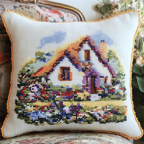 WallustrioaW Schöne Villa Knüpfhaken-Kissen-Set,Gartenhaus,DIY-Kissenbezug Zum Basteln,Bedruckte Leinwand Für Anfänger,Kissenset Für Heimdekoration,43x43cm