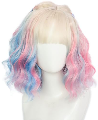 Kolegrial Enid Cosplay Perücken Damen Farbverlauf 35CM Kurze Flauschige Gewellte Locken Pony Perücke mit Clip Verkleidung Season 2 Wolfsfrau Enid Sinclair Halloween Karneval Party Maskenball Wig
