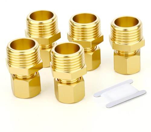 GASHER 5PCS Brass Compression Tube Pipe Fitting Connector, 6mm Tube OD x 1/2 BSP Male Connector
