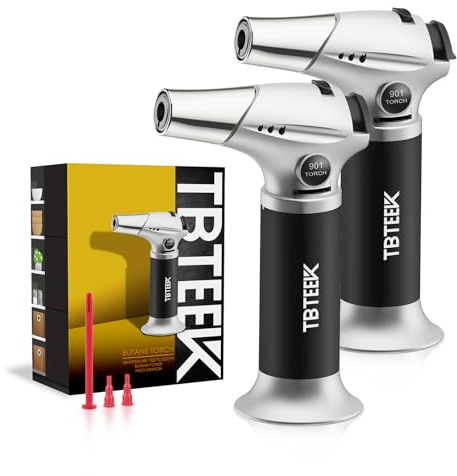 TBTeek Butane Blow Torch, Torch Lighter with Safety Lock for DIY Soldering | 2500°F Adjustable Continuous Flame,Piezo Ignition, Ergonomic Comfort Grip, 3 refill adapters(Butane Not Included)，2 pack
