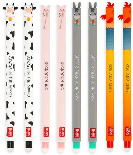 LEGAMI Set mit 8 löschbaren Gelstiften von Farm Sweet Farm mit radierbarer thermoempfindlicher Tinte, schwarz, rosa, grün, rot, löschen ohne das Papier zu verbrauchen, 0,7 mm Spitze