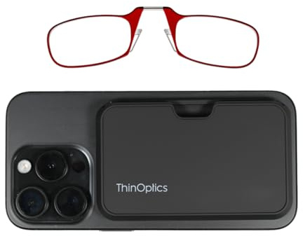 ThinOptics Reading Glasses with Phone Case - Ultra Thin Reading Glasses without Pocket Strap, Black Case / Red Frame, Small