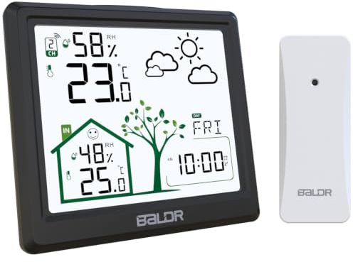 YiChZhe Wetterstation Funk mit Außensensor,Funkwetterstation Digital Thermometer Hygrometer Innen Außen mit Wettervorhersage,Wecker,Luftfeuchtigkeit,Weather Station für Zuhause Büro Hausgarten-Schwarz