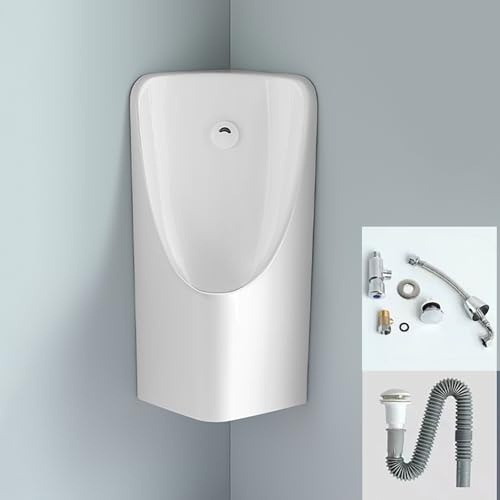 Hänge-Urinal für Herren – Auslaufsicher, Automatische Spülung (2–4 Liter pro Spülung), Keramik Pisuar fürs Badezimmer, Urinbehälter für Herren mit Zubehör(White)
