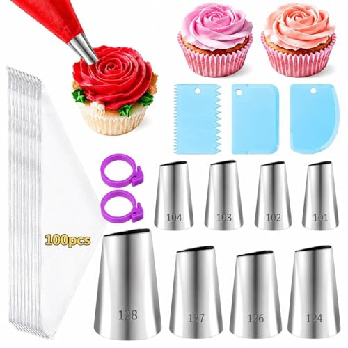LLMSIX Lot de 8 poches à douille et embouts en forme de pétale, 100 poches à glaçage, 3 grattoirs à gâteau, 2 attaches de poche à pâtisserie, embout de glaçage rose pour roses, nœuds, volants