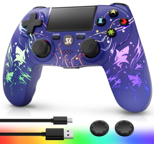 CHENGDAO LED Controller für PS4/Pro/Slim,6-Achsen/Doppelte Vibration (Lila) | mit einstellbarer RGB/3,5-mm-Audio-Buchse/empfindlichem Touchpad