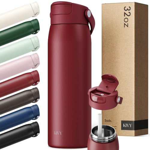 KIVY Botella de acero inoxidable con pajita 1l - 24h frío | 12h caliente - A prueba de fugas y apta para lavavajillas - Botella deportiva aislada 1l - Botella térmica - Botella de agua de acero