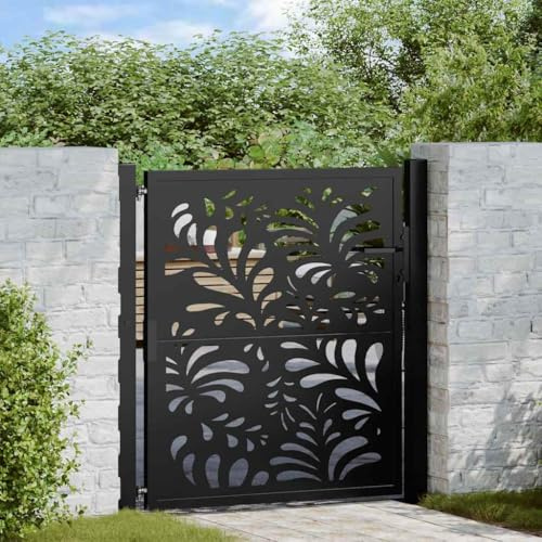 Canditree Black Metal Garden Gate with Lock for Pathway Garden Entrance | 85 x 100 cm Weathering Steel Lockable Door with Wave Design for Patio Backyard