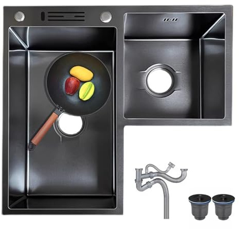 Lavandino Cucina Angolare Nero, Lavello da Cucina a Doppia Vasca in Acciaio Inox Nero con Kit di Scarico, Sottotop, da Incasso, da Incasso(70x75cm/28x29.5in)