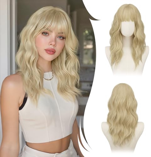 RUWISS Blond Lange Gewellte Perücke mit Pony für Damen, 20 Zoll Layered Perücke Damen, Natürlich Synthetisch Hitzebeständig Wigs für Alltag Party Cosplay Halloween