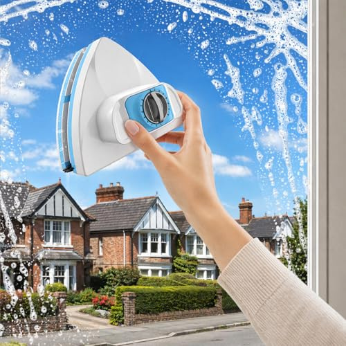 Magnetic Window Cleaner Double Sided for Single and Double Glazed Windows, Adjustable Magnet Glass Cleaning Tool with 8-Level Dial, Triangular Design with Safety Rope, Fits 5–35mm Glass
