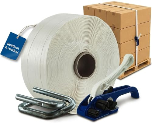 KK Verpackungen Umreifungsset Textil 25 mm | 1 Rolle 500 m Polyesterband, 1000 kg Reißfestigkeit | Bandspanner 9-25 mm | 100 Verschlussklemmen verzinkt | Umreifungsband PP Spanngerät