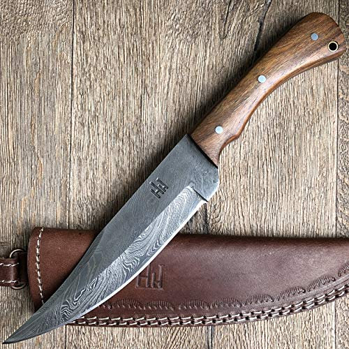 Hobby Hut HH-402, Coltello a Lama Fissa in Acciaio Damasco di 11 Pollici Bushcraft | Coltello da Caccia, Manico in Legno di Noce | Fodero in Pelle | Lama affilata del Rasoio all'aperto