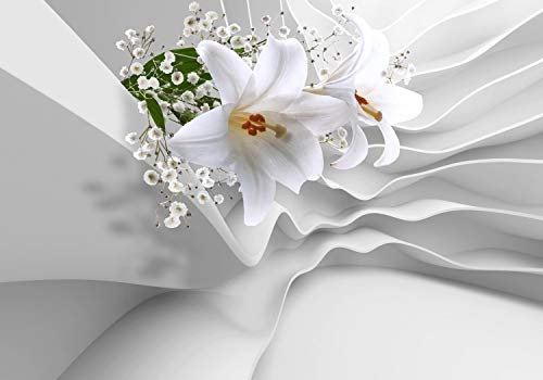 wandmotiv24 Fototapete Lilien 3D-Effekt Abstrakt, L 300 x 210 cm - 6 Teile, Wanddeko, Wandbild, Wandtapete, Blumen, Welle, Wellness M1267