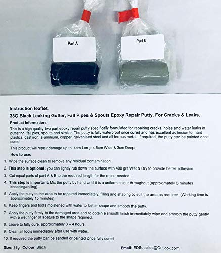 Black Leaking Gutter, Fall Pipe, Spout Epoxy Repair Putty - Repairs Cracks, Holes & Leaks. 38g