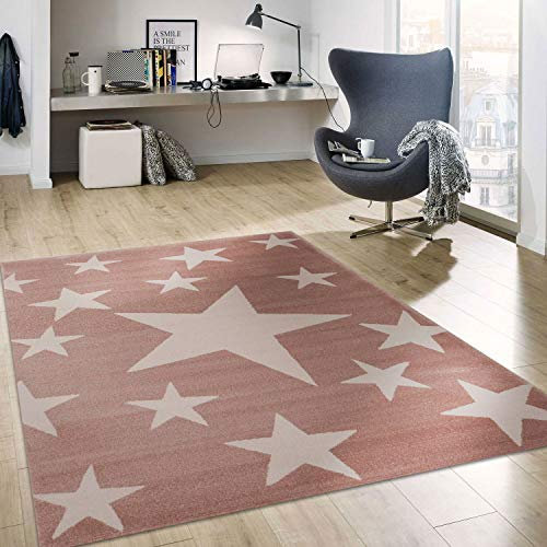 VIMODA Teppich Kurzflor Sterne Himmel Modern Pink Weiß Jugendzimmer für kinderzimmer, Wohnzimmer, Maße:80x150 cm