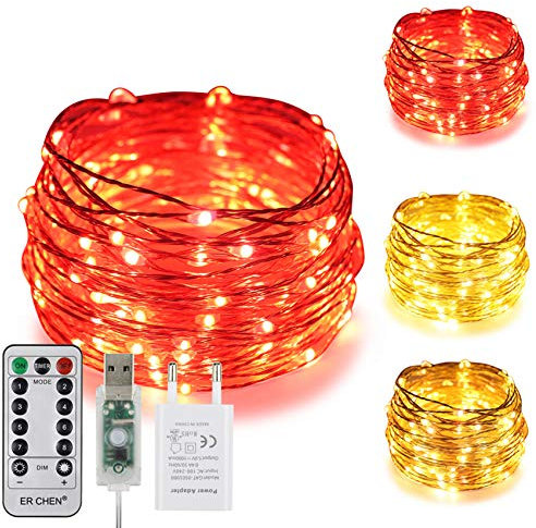 ErChen USB Strom-betrieben Zweifarbige Led Lichterketten, 33 FT 100 Leds Farbe ändern Dimmbar 8 Modi Silber Kupfer Draht-Lichterketten mit Fernbedienung Timer für Innen Außen (Warmweiß, Rot)