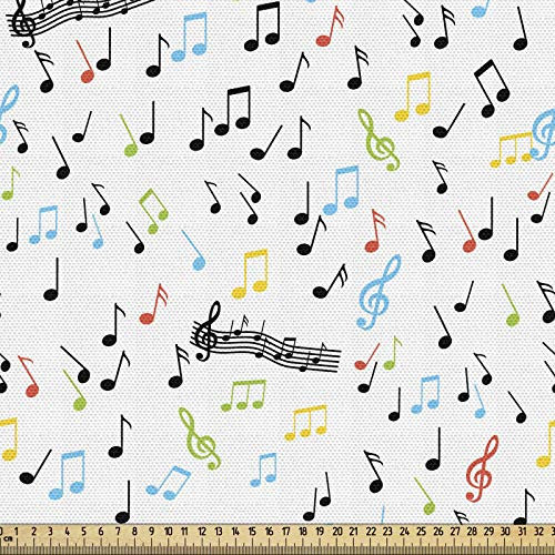 ABAKUHAUS Musik Gewebe als Meterware, Künstlerische Vibes Noten Beat, Dicht Gewebter Stoff zum Nähen Polster Wohnaccessoires, 3M (148x300cm), Weiß Mehrfarbig