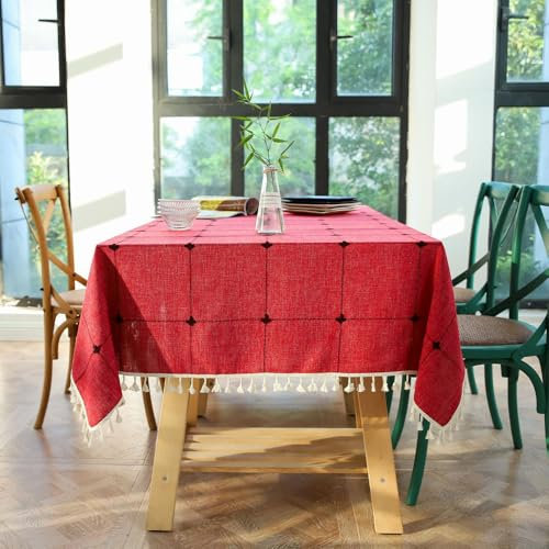Pahajim Tischdecke Quadratisch Baumwolle Leinen Tischdecke Abwaschbar Elegante Karierte Tischdecke mit Quasten Küchentischabdeckung für Speisetisch,Outdoor(Rot, Quadrat, 140 x 140 cm)
