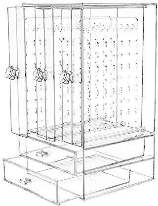 VINFUTUR Porte Présentoir Bijoux Boîte Rangement Boucle d'oreille Transparent 222 Trous avec 3 Tiroirs Plateaux Organisateur Maquillage pour Bijoux Collier Bracelet