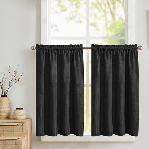TOPICK Blickdicht Scheibengardinen Küche Schwarz Bistrogardine mit Tunnelzug Gardinen Kurz mit Waffel Muster Halbtransparente Küchengardinen für Kleine Fenster Wohnmobil Landhaus 2er Set 90Bx90H cm