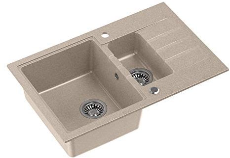 VBChome Spüle Beige 78 x 50 cm Tiefes Becken 20cm 1,5 Becken Küche Große Abtropfflache Einbauspüle Unterschränke ab 55 cm Gesprenkelt Verbundspüle Küchenspüle Einzelbecken + Siphon