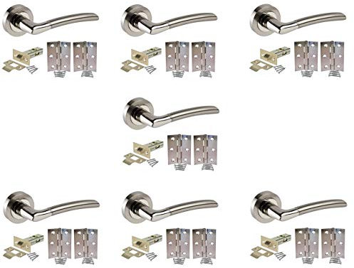 Jiyo.Outdoor Indiana Style Modern Door Handles Lever Latch On Round Rose in Satin Nickel & Polished Chrome Finish - 7 Sets