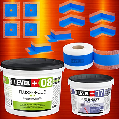 Dichtset Dusche Bad Adabdichtung 12Kg Flüssigfolie, 4kg Fliesengrund | 20m Dichtband, 4 Innenecken, 2 Außenecke, 4 Wandmanschetten SET339