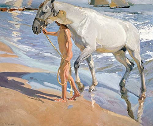 Bild auf gerollter Leinwand, Motiv: The Horses Bath Sorolla Joaquin – Tiere, horizontaler Kunstdruck, Nackter Jungen, Pferd, Strand, figurative Tiere, Museum Jo, Kunstdruck, 31_X_37_in