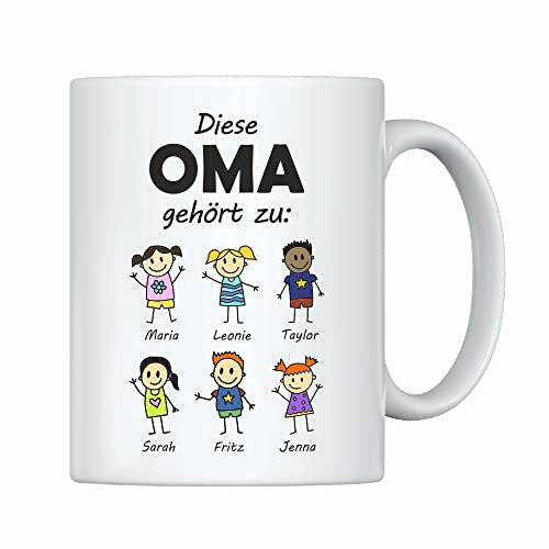 weiße Tasse -Diese Oma gehört zu- Geschenk für Großeltern – Personalisiert mit allen Enkelkindern – Kaffeebecher mit Spruch Für Oma