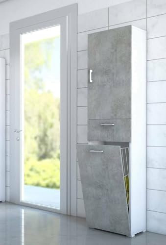 Dmora - Armadio multiuso Escolzia, Mobile lavanderia lineare a 2 Ante, Colona da bagno con cestello portabiancheria, 100% Made in Italy, 45x32h195 cm, Cemento e Bianco