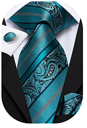 Hi-Tie Herren Krawatte Schwarz Paisley/Plaid/Streifen/Einfarbig Krawatten Set Einstecktuch Manschettenknöpfe Business Formal Hochzeit Meeting Geschenkbox,Blaugrüner Stirpe