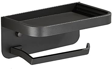 Klobvtt Toilettenpapierhalter mit Ablage, schwarzer Anti-Rost-Aluminium-Tissue-Rollenhalter mit Handyablage für Badezimmer, selbstklebend, kein Bohren oder Wandmontage mit Schrauben