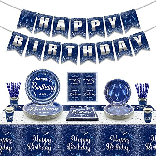 Décorations d'anniversaire bleu marine et argent pour homme et femme, comprend une bannière Happy Birthday, une nappe, des assiettes, des serviettes, des tasses, pour 20 invités (A)