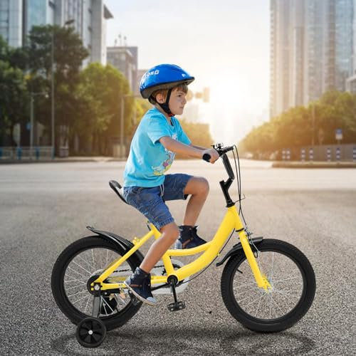 KOLHGNSE Vélo pour enfant 16 pouces avec cadre en alliage d'acier au carbone et roue auxiliaire comme cadeau pour filles et garçons Jaune/rose/vert (jaune)