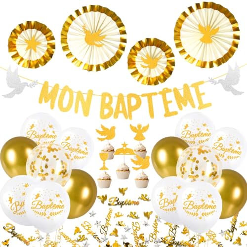 iZoeL Décoration Baptême Garçon et Fille - Mon Baptême Ballon, Confettis, Table et Gâteau