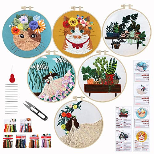 6 Sets Stickerei Starter Kit für Anfänger Erwachsene?DIY Embroidery Kit, Stickerei Set Enthält Sticken Stoff, Stickrahmen, Sticknadeln, Embroidery Thread und Anweisung