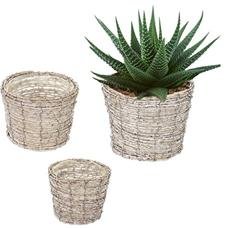 Relaxdays Pot de Fleurs, Lot de 3, rotin, bac avec Film, 3 Tailles, Cache-Pots Ronds pour intérieur, Blanc-Nature