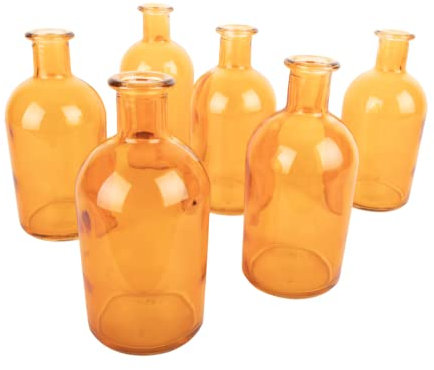 Koyal Wholesale Glass Bud Vases, Small Apothecary Bottles, Bulk Decorative Jars, Vintage Centerpieces for Wedding Reception, Mini Flower Vases, Small Medicine Bottles for Home Decor, Amber, Set of 6
