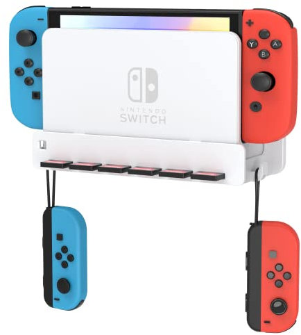 SOKUSIN Supporto da Parete Compatibile con Switch e Switch OLED - Supporto in Salvaspazio con Ganci per Joy-Con e 6 Slot per Schede di Gioco, Scaffale Adatto a Soggiorno e Camera da Letto