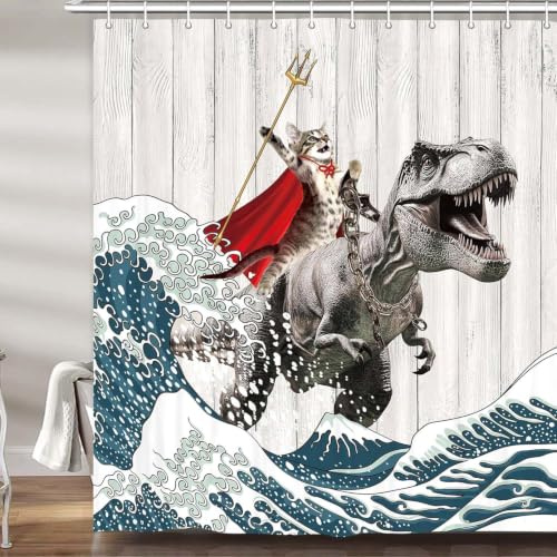 Rideau de Douche Amusant avec Chat Cool, Dinosaure et Vagues de l'océan Japonais, Rideau de Douche Amusant pour Enfants en Bois Rustique (183 x 183 cm)