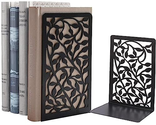 Serre Livres Métal Cale Livre-Noir Séparateurs de Livres Anti Rayures pour Bureau, Maison, Écoles CD, Librairie et Bibliothèque 1 Paire (Noir Lierre)